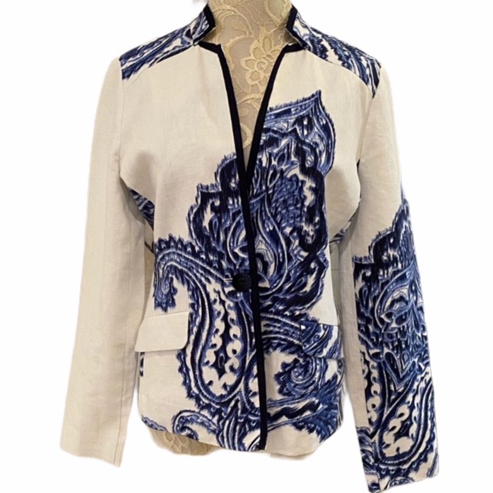 Chico’s Linen Open-Front Blazer Mandarin Collar